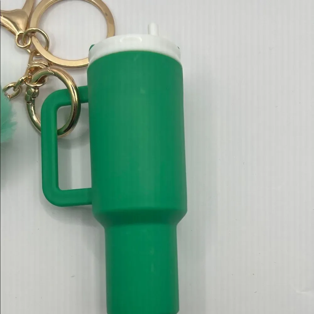 Green Mini Tumbler Keychain Purse Charm with a Pom Pom Charm
